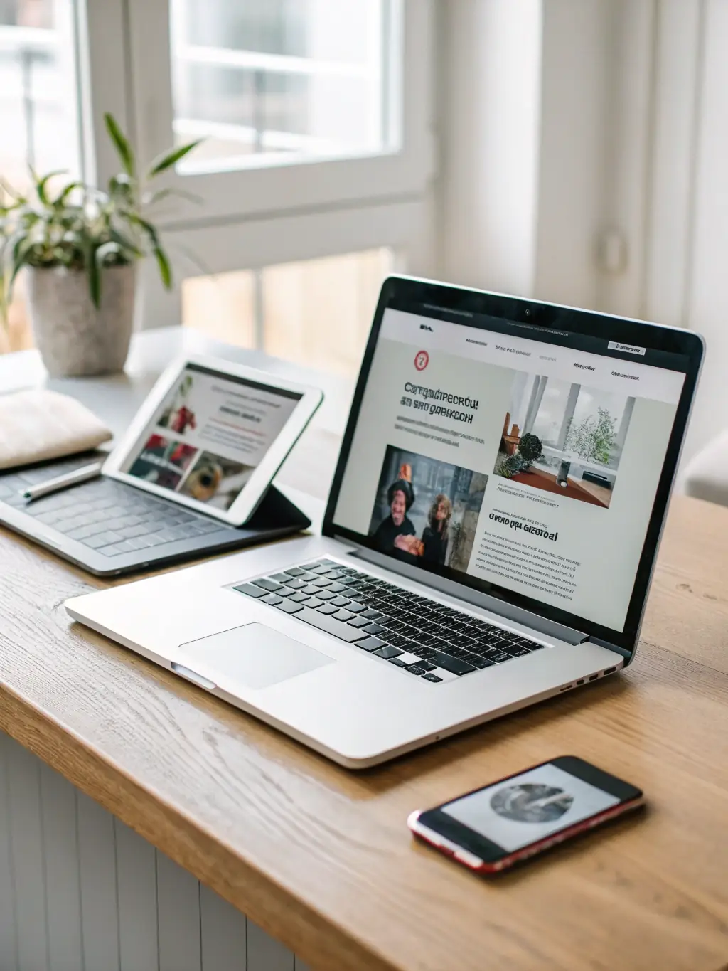 A clean, modern website design showcasing responsive layouts on various devices, emphasizing user experience and visual appeal for a web development company.